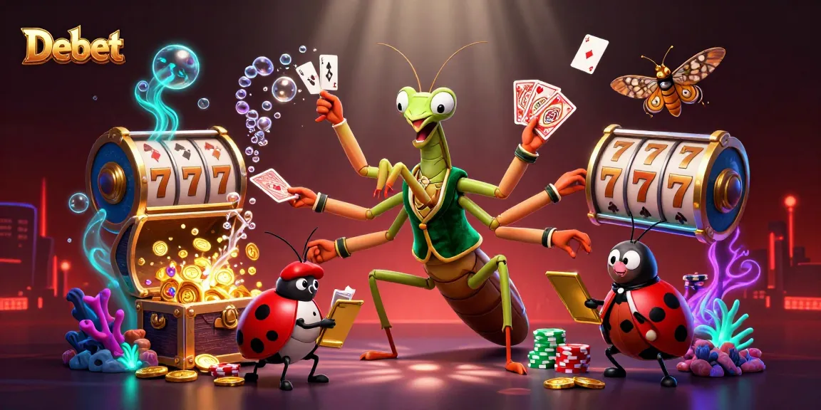 Debet showcases a vibrant casino scene with a giant praying mantis and ladybug pit boss interacting amidst slot reels and treasure.