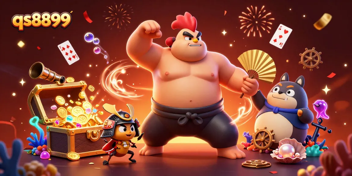 Experience thrilling action at qs8899 with a powerful sumo rooster and fierce samurai cricket in a vibrant casino scene.