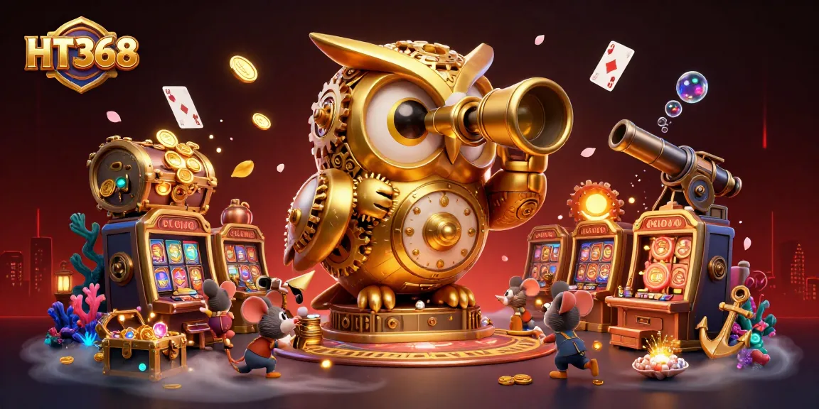 HT368 showcases a vibrant casino scene with an animated golden owl and playful mice amidst exploding treasure and slot machines.