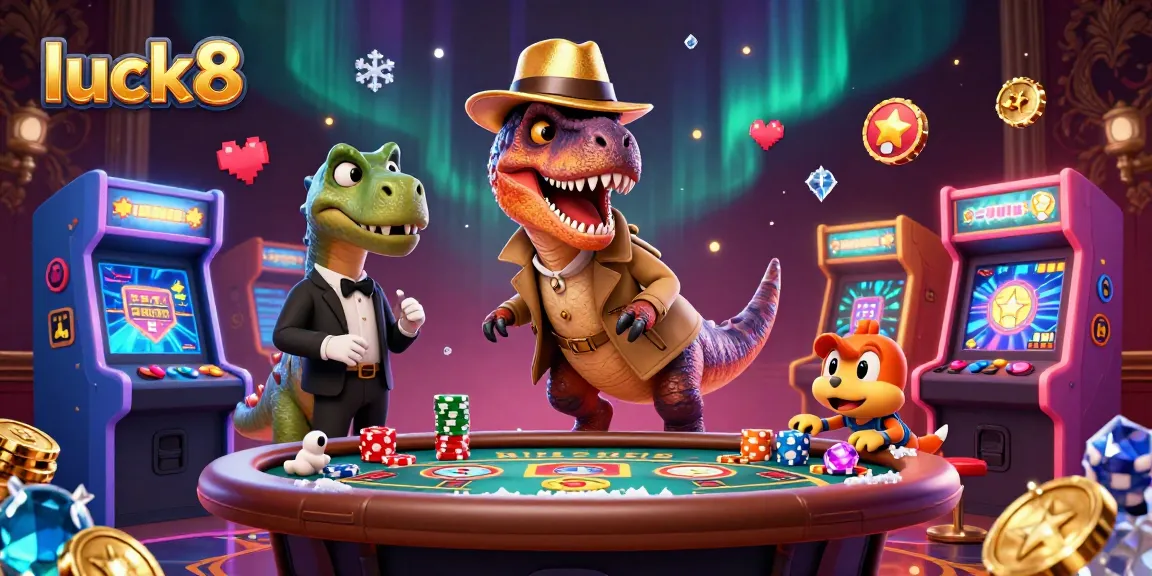 Experience luck8 gaming as a velociraptor card counter sneaks at the blackjack table with lively casino elements