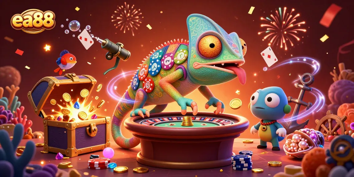 ea88 chameleon casino owner collecting golden coins with lively gaming elements