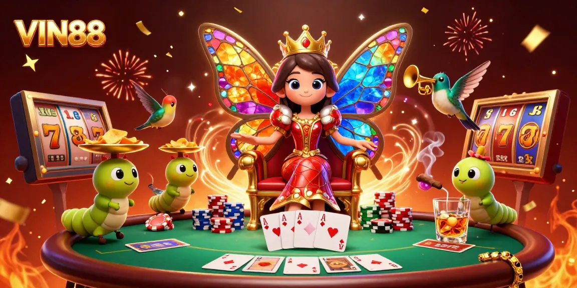 Engage with VIN88's vibrant casino world, featuring a butterfly queen in a rich gaming scene.