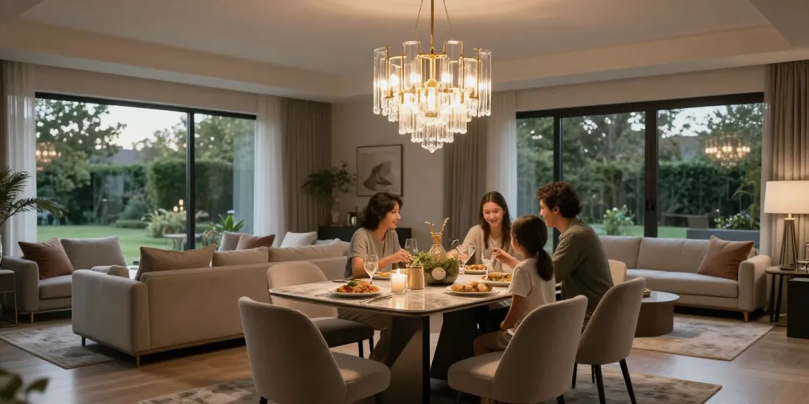 candelabru LED elegant iluminând un dining modern și confortabil