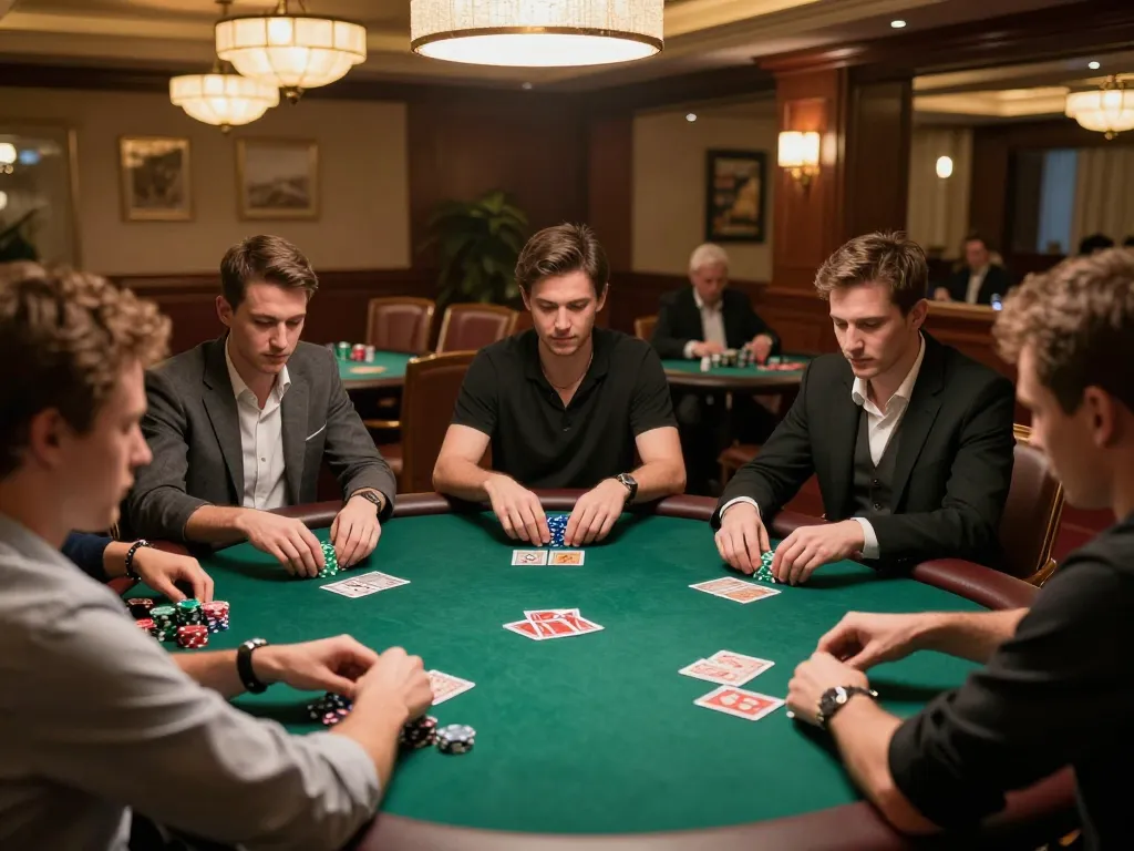 LIGA2000 players making strategic moves in a high-stakes poker game at a luxurious casino.