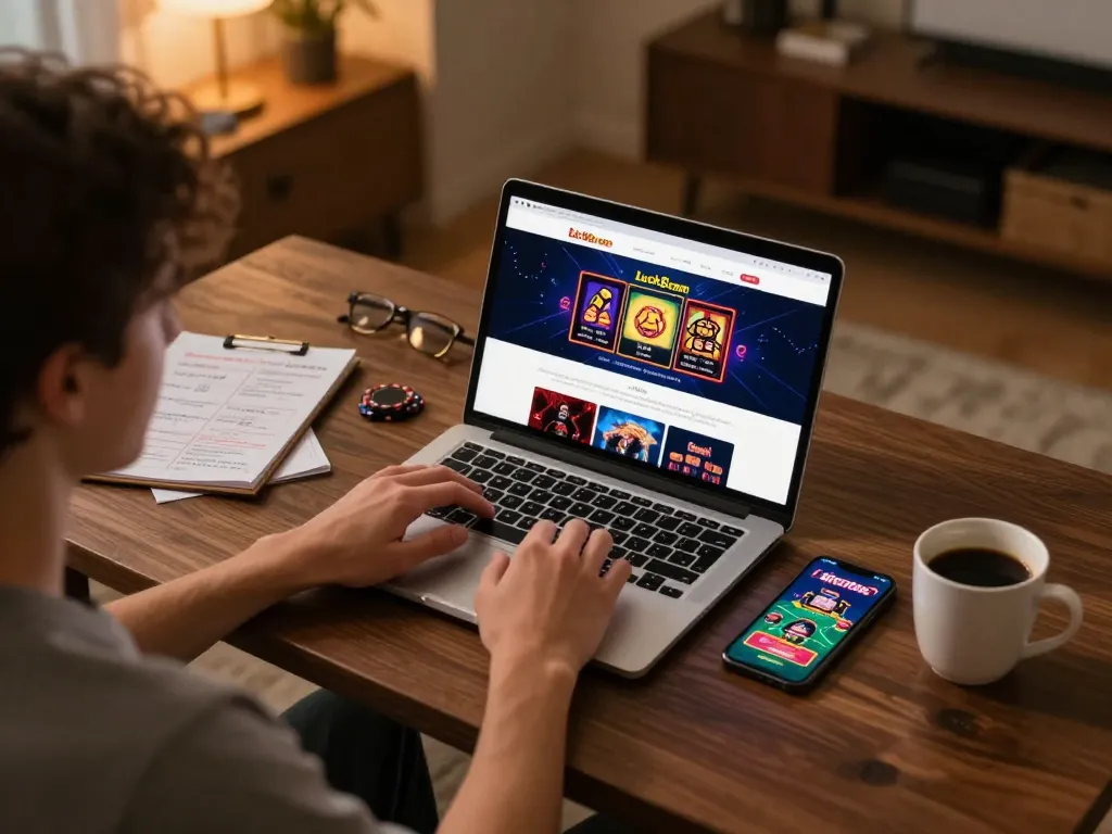 Person engaged with the luck8com online gambling site while seated at a modern gaming desk