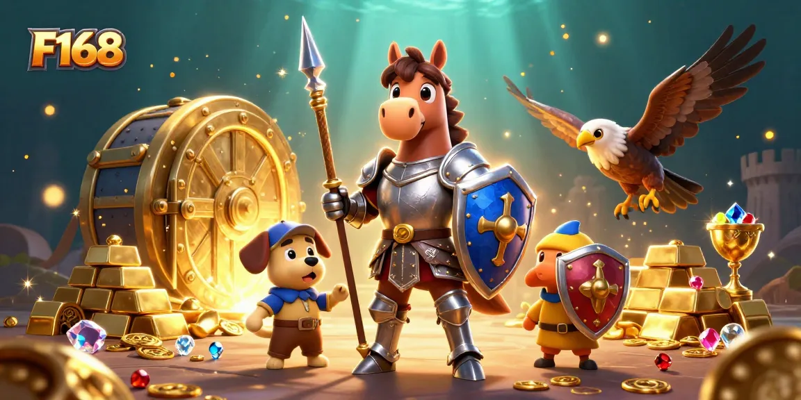 Experience thrilling adventures with F168, as a medieval knight and companion explore treasures in an enchanting casino realm.