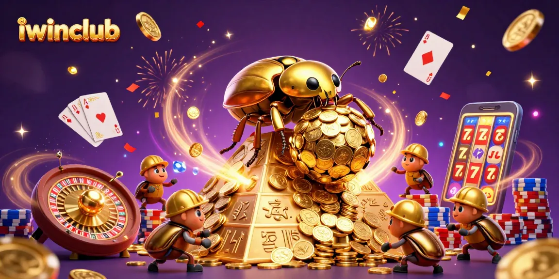 Play exciting games at iwinclub with golden coins, beetles, and a vivid casino backdrop!