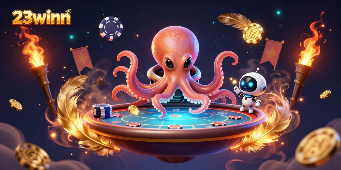 Experience the excitement at 23winn with a vibrant 3D casino scene featuring a cartoon alien octopus poker game.