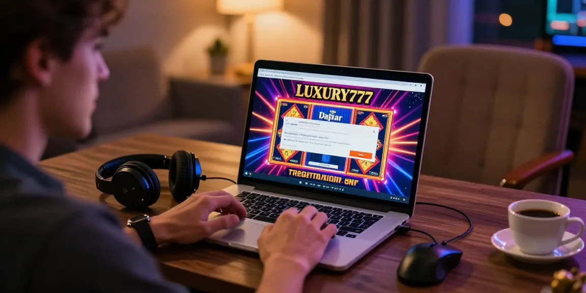 Pemain antusias menggunakan LUXURY777 Daftar di laptop dengan suasana kasino rumah yang nyaman.