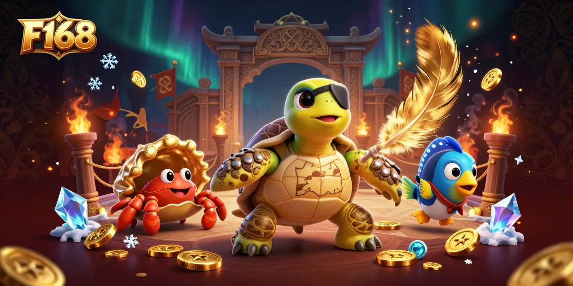 Experience thrilling gameplay at F168 with pirate turtle, golden treasures, and dynamic casino elements.
