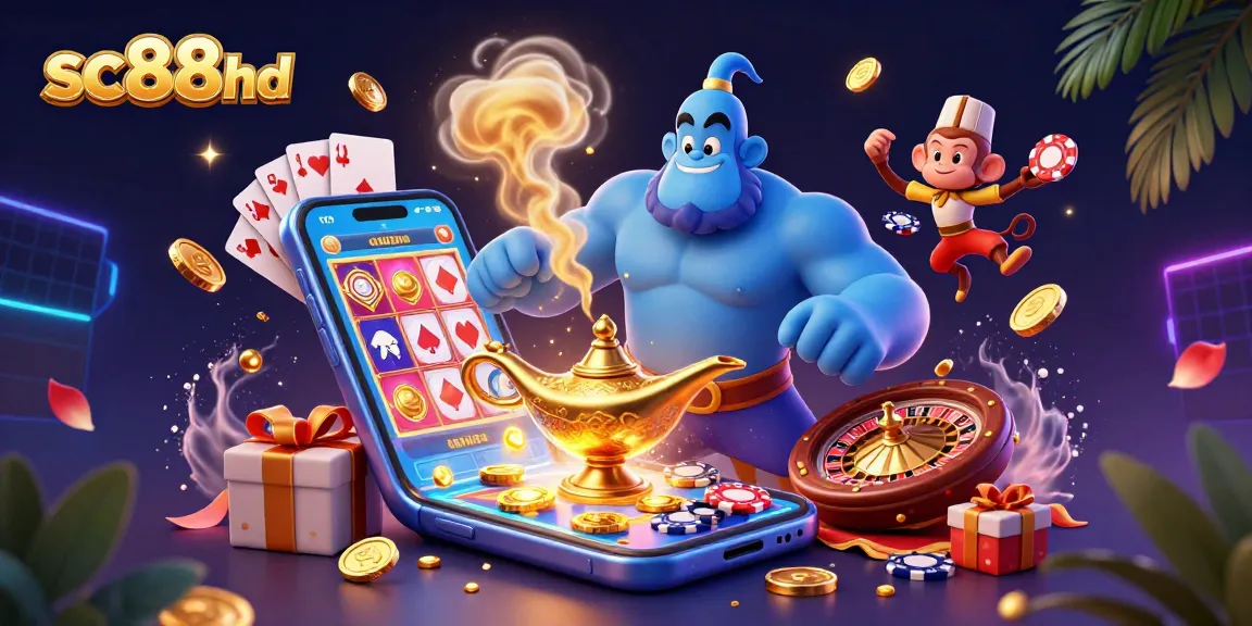 Spin to win at sc88hd with a vibrant scene featuring a genie and poker chips in action.