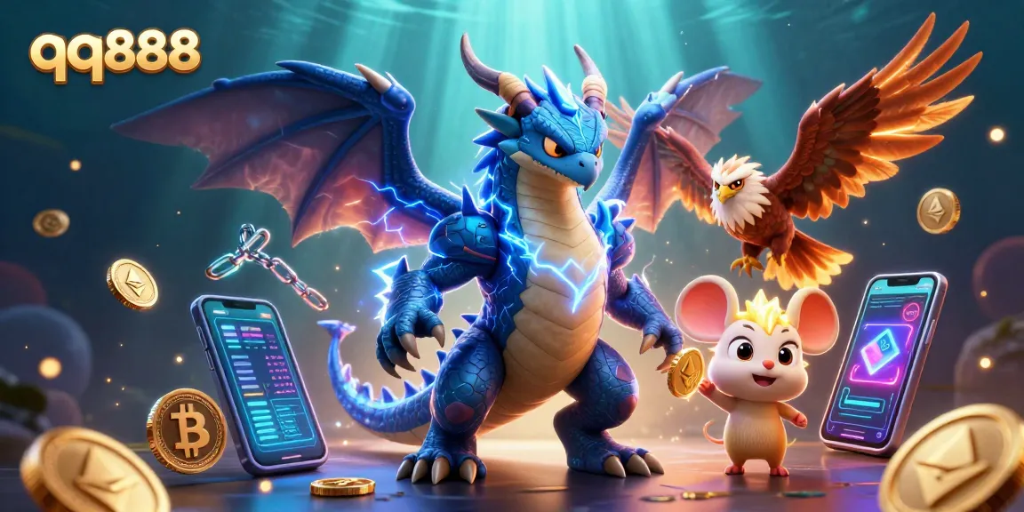 Engage in thrilling action with qq888's animated thunder dragon and digital crypto elements.