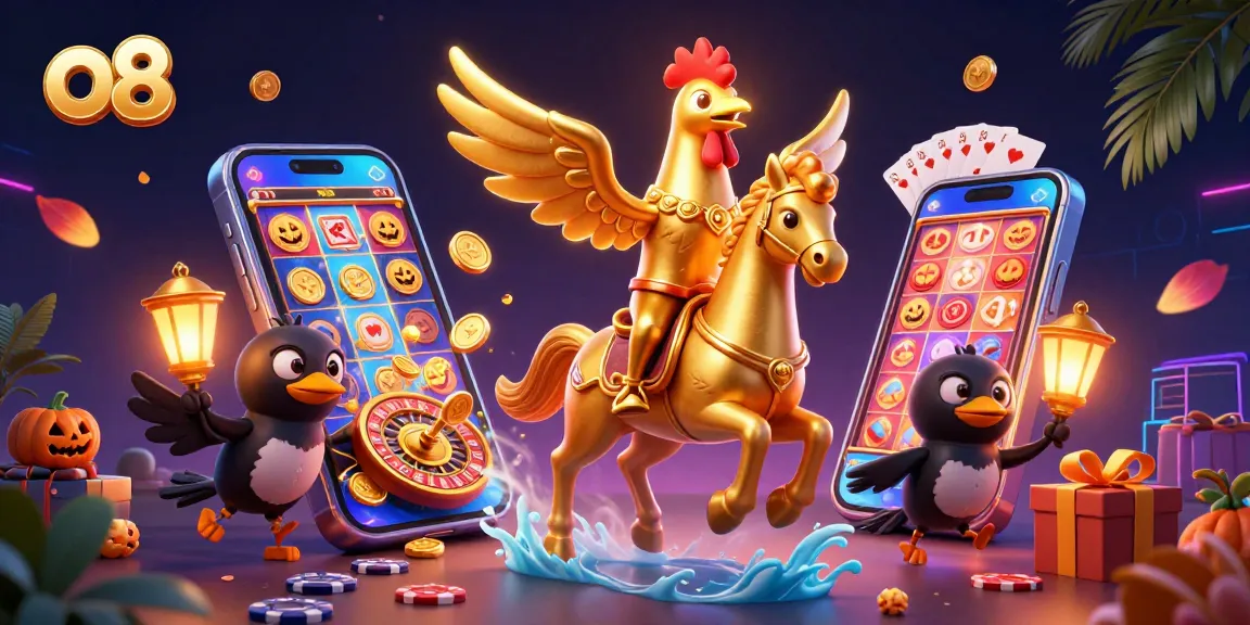 Engage with o8’s thrilling casino atmosphere featuring a golden rooster and spectral horse alongside slot games and vibrant casino elements.