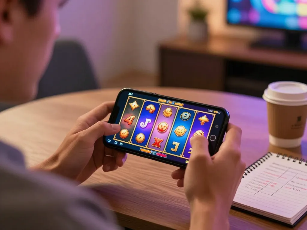 Mobile gaming experience on LC88 with a player celebrating wins on a colorful slot game interface.