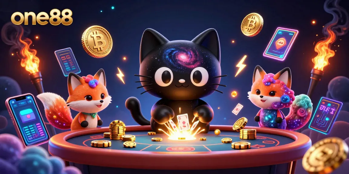 Experience thrilling gameplay at one88 with a cosmic casino scene featuring vibrant characters and dynamic crypto elements.
