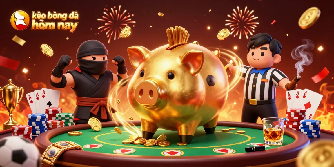 Engage with kèo bóng đá hôm nay during an exhilarating sports betting showdown featuring a golden piggy bank sumo wrestler.