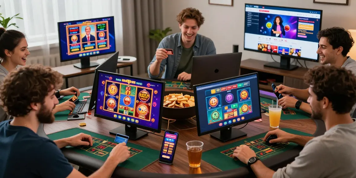 Players enjoying credit card casinos in a vibrant home setting, engaging with colorful slot games on multiple devices
