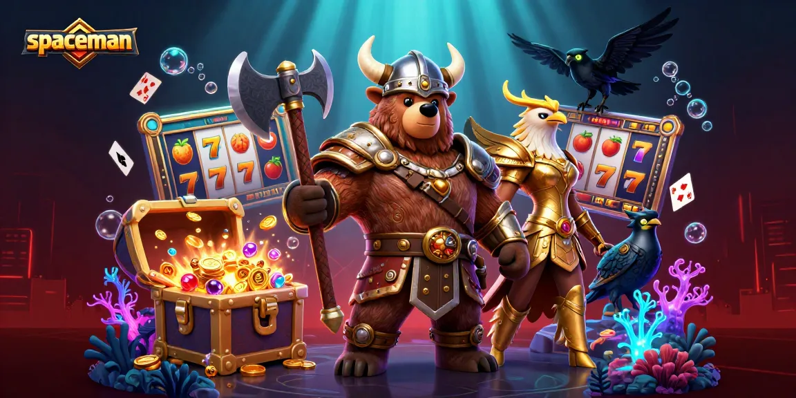 Spaceman slot game imagery featuring vibrant Viking and Valkyrie characters amidst a treasure-filled scene.
