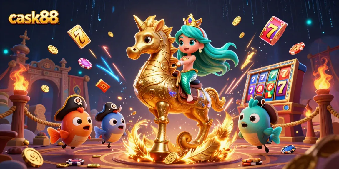 Cask88 showcases a vibrant casino scene featuring a mermaid princess and golden seahorse amid dynamic gaming elements.