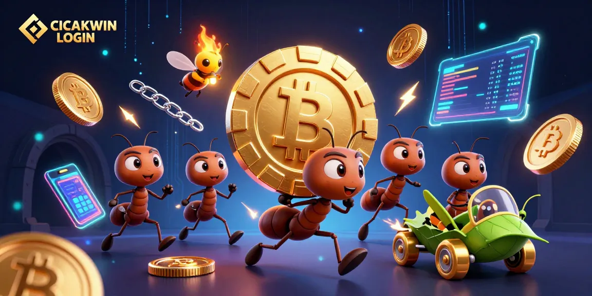 CICAKWIN LOGIN scene with ants stealing a giant poker chip, vibrant casino elements