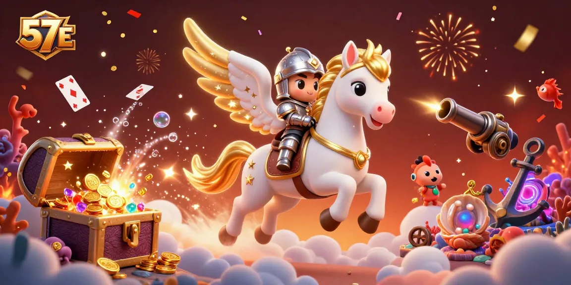 Experience the thrilling world of 57E with a magical illustration of a celestial horse and treasure-filled game elements.