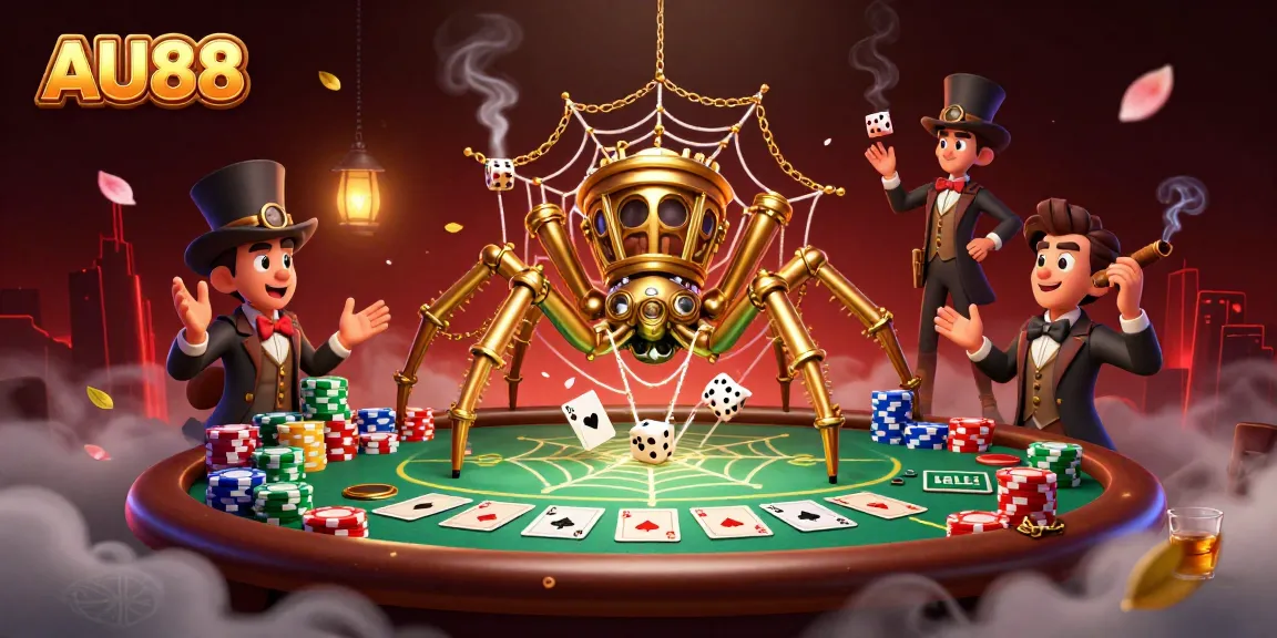 Engage with AU88's dynamic betting scene featuring a playful spider and Victorian fly in an immersive casino setting.
