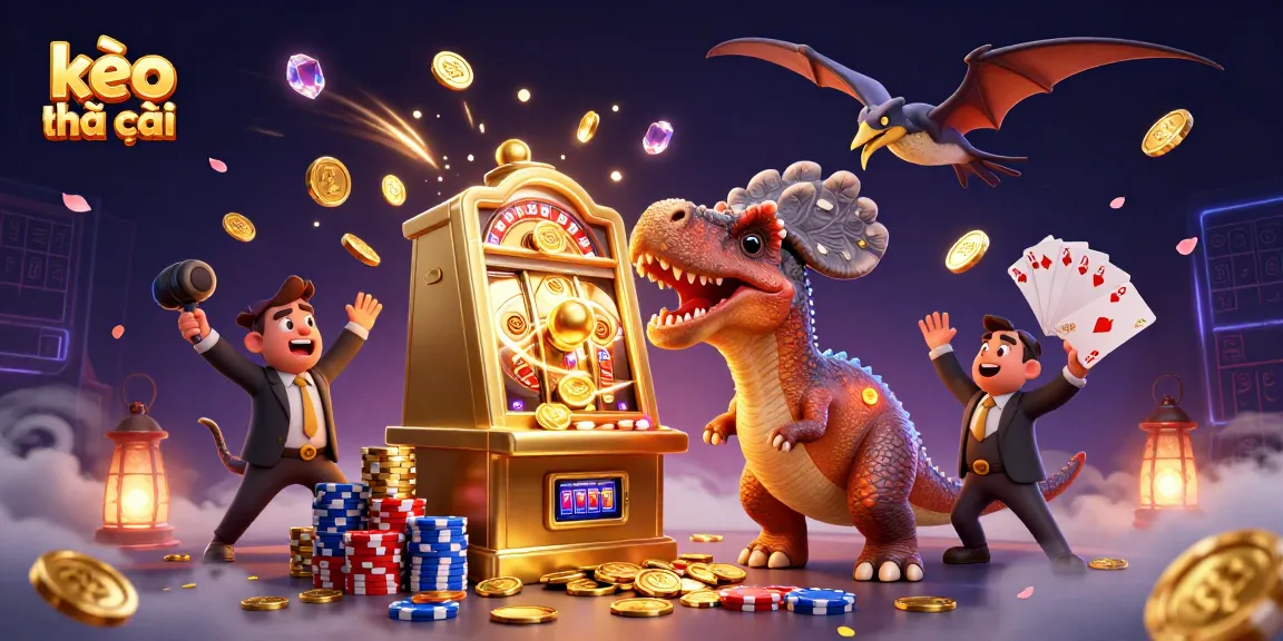 Kèo nhà cái features a fun 3D casino scene with cartoon dinosaurs and a jackpot slot machine.