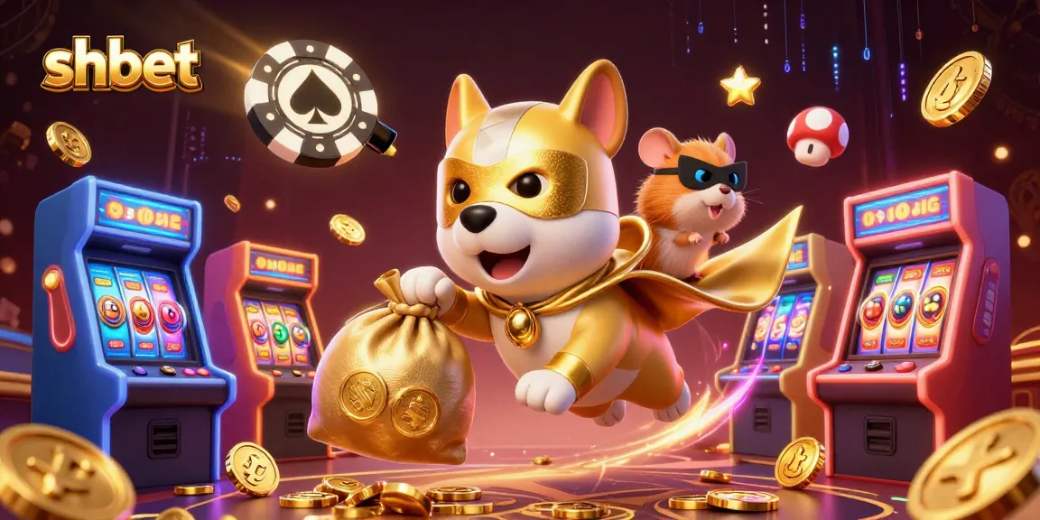 Shbet’s superhero dog character flies with gold coins in a vibrant 3D casino scene.