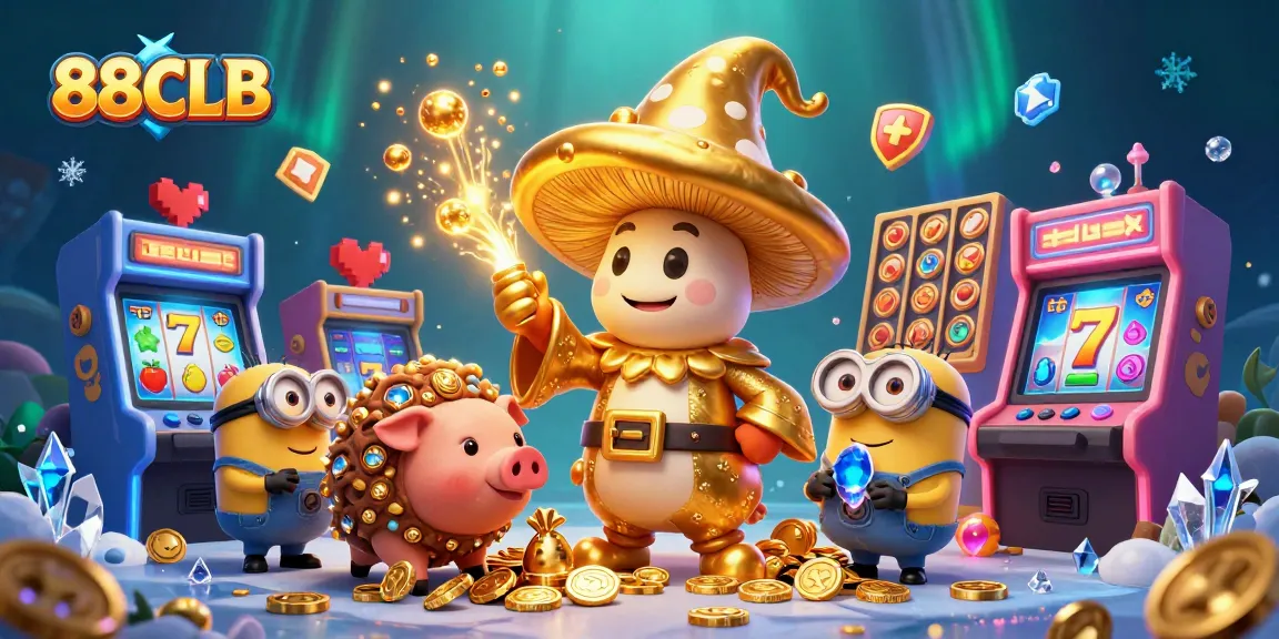 Experience the thrill of 88CLB's golden gaming magic with vibrant casino elements and enchanting characters.