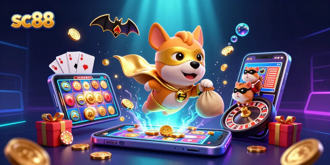 Win big with sc88 as a superhero dog and hamster soar through a vibrant casino scene.