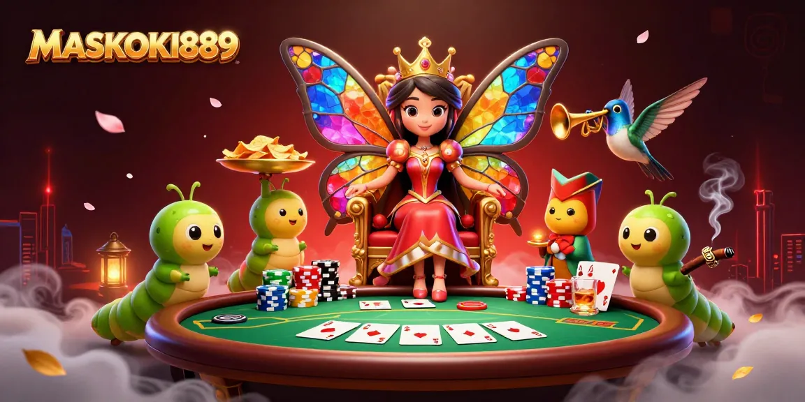 Experience vibrant excitement at MASKOKI889 with a lively poker scene featuring characters and games.