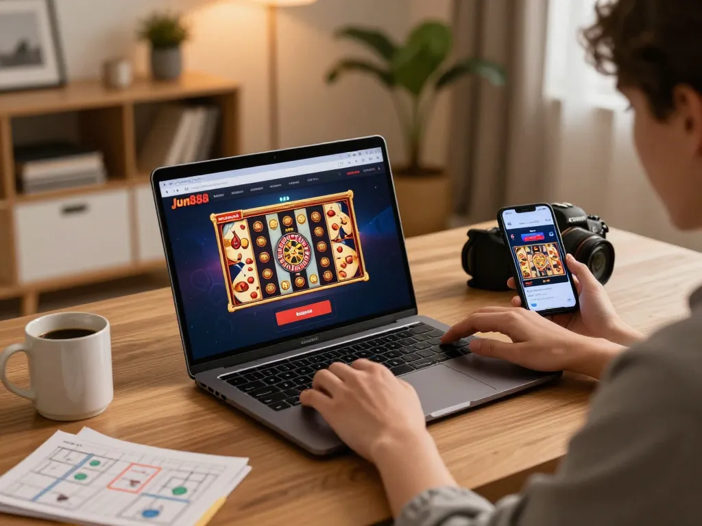 Engaging in online gambling on the jun88 pizza platform with a laptop and coffee.