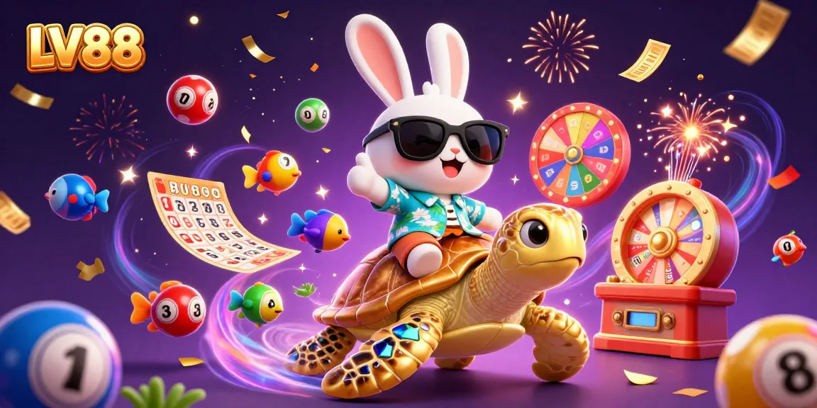 Experience thrilling games at LV88 with cartoon characters celebrating amidst festive lottery elements.