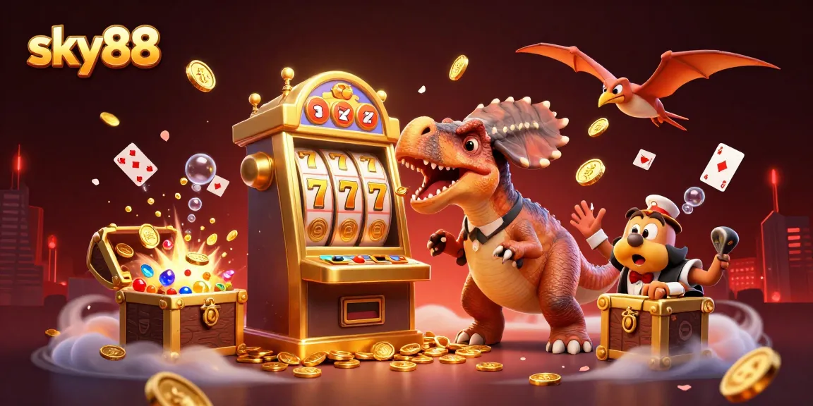 Sky88 celebrates winning moments with a dynamic scene of dinosaur characters in a vibrant casino setup.