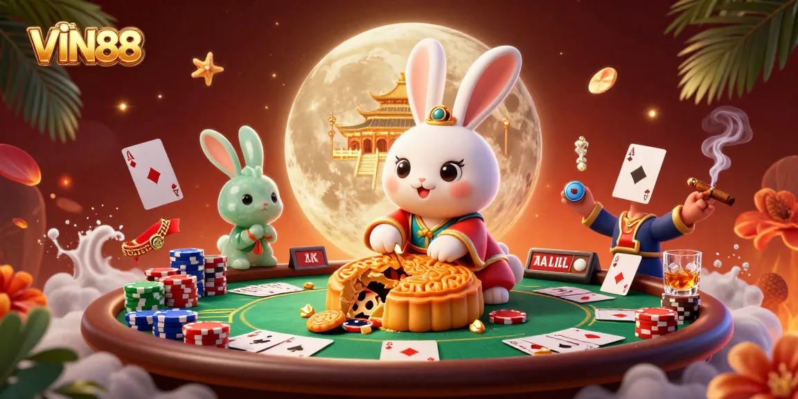 Experience thrilling poker action at VIN88 with moon rabbits and vibrant gaming elements.