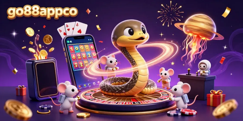 Engage in thrilling gameplay at go88appco with vibrant slot machines and a cosmic casino dealer in a colorful space scene.
