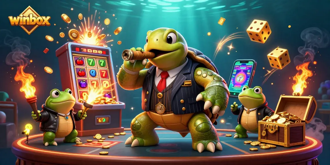 Join the fun at Winbox with a dynamic scene featuring a massive snapping turtle, bullfrog enforcers, slot machines, and more!