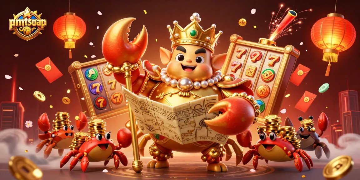 Experience the excitement of pmtsoap with giant crab characters celebrating casino wins amidst dynamic slot elements.