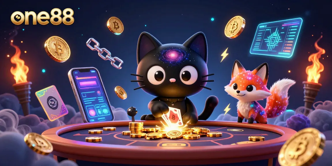 Engage with exciting one88 casino games at a cosmic table, featuring vibrant characters and crypto elements.