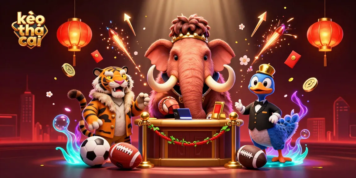 Bet on kèo nhà cái with a vibrant casino scene showcasing a mammoth bouncer, a saber-tooth tiger, and dynamic elements.