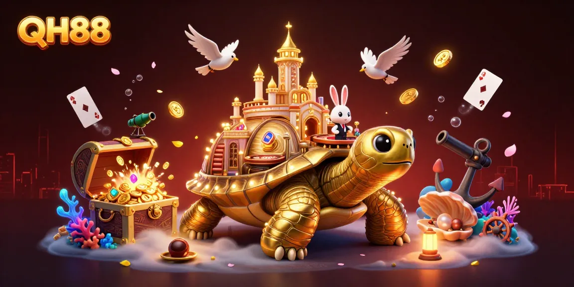 Experience QH88's vibrant casino environment with a spectacular golden tortoise and animated dealers.
