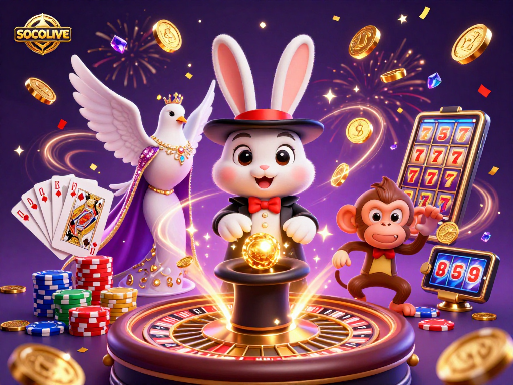 SOCOLIVE showcases a vibrant 3D illustration of a rabbit magician pulling coins, surrounded by casino elements.