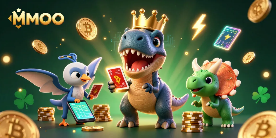 Engage in exciting MMOO card games with a T-Rex and friends, surrounded by crypto coins.