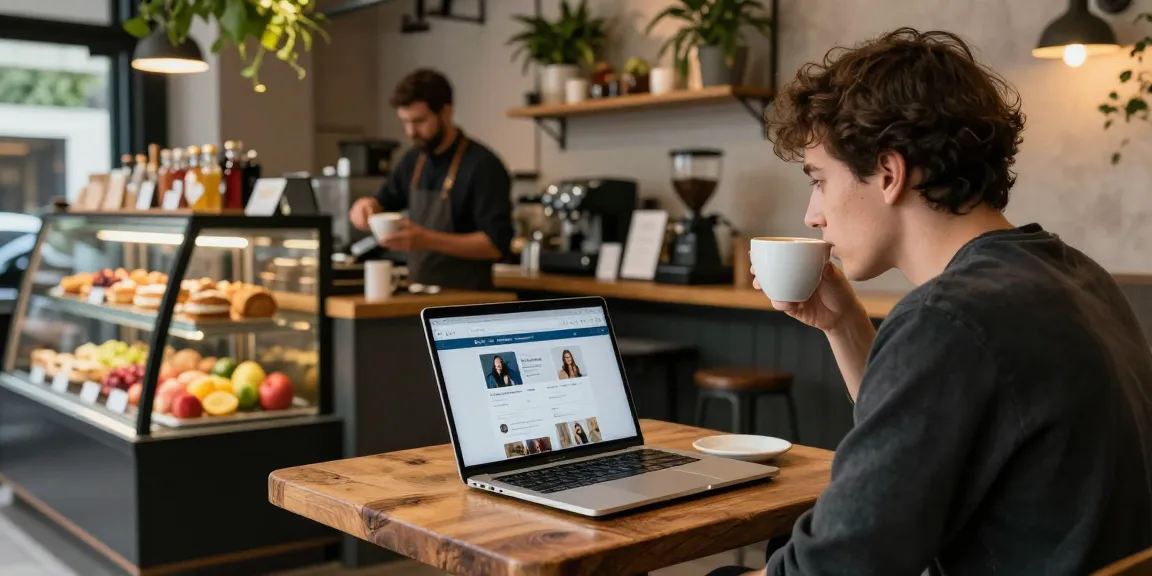 A young adult browsing local services on a laptop at a café, enhancing the search experience at https://forumup.org/shop/search.php?ca_id=&addr1=&addr2=&addr3=&schKeyword in an inviting atmosphere.