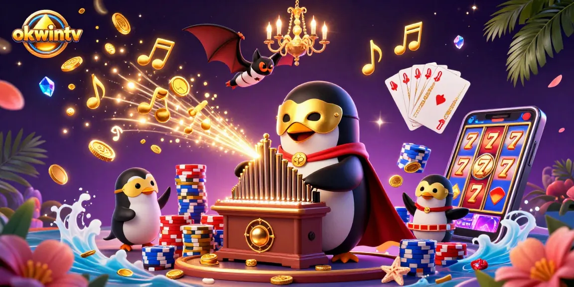 Experience the thrills of gaming at okwintv with lively characters, golden coins, and dynamic action in a vibrant illustration.