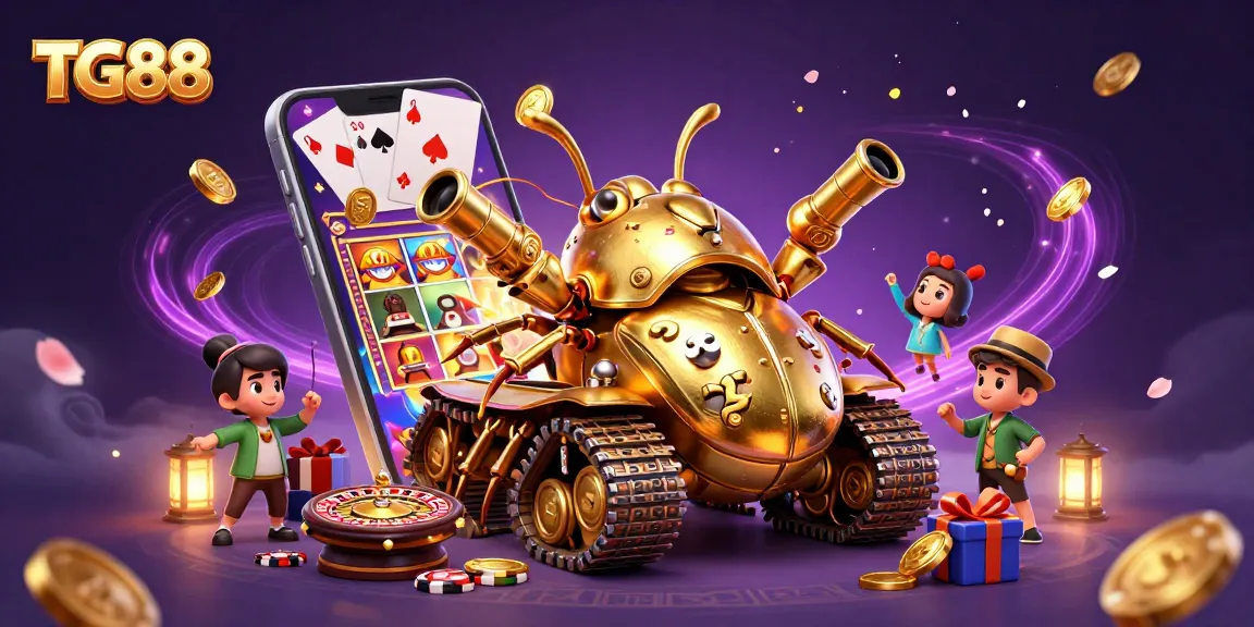 Experience the excitement of TG88 with a vibrant casino scene featuring a golden beetle tank and dynamic game elements.