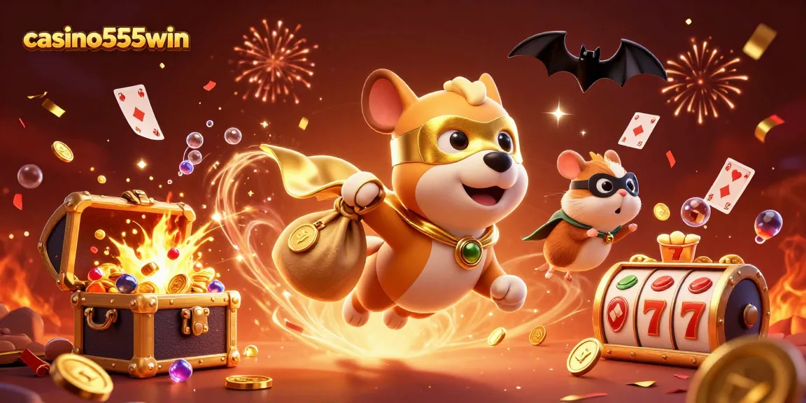Experience thrills at casino555win with vibrant slot games and dynamic characters in a colorful illustration.