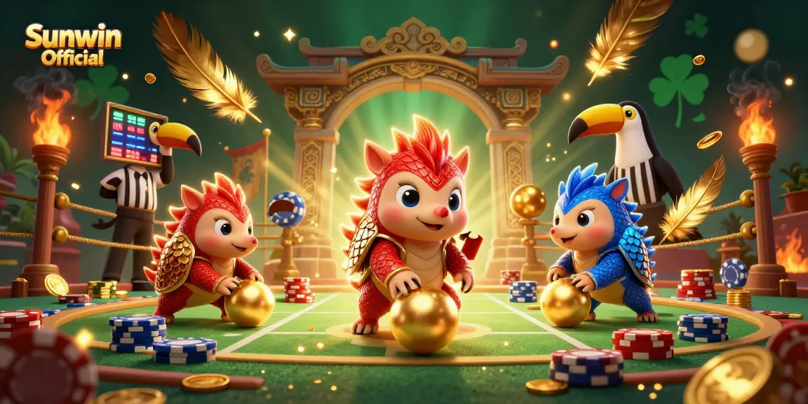 Engage with Sunwin Official at the vibrant casino clash of rival pangolins rolling in gold, showcasing thrilling gaming action.