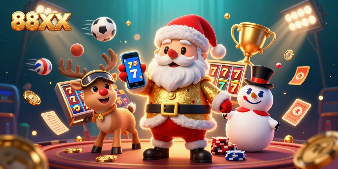 Engage with 88XX's thrilling jackpots while enjoying a colorful casino scene featuring Santa and friends.
