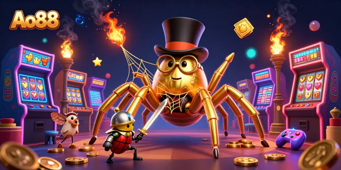 Experience thrilling slots action at Ao88 with a whimsical golden tarantula weaving golden threads of luck.
